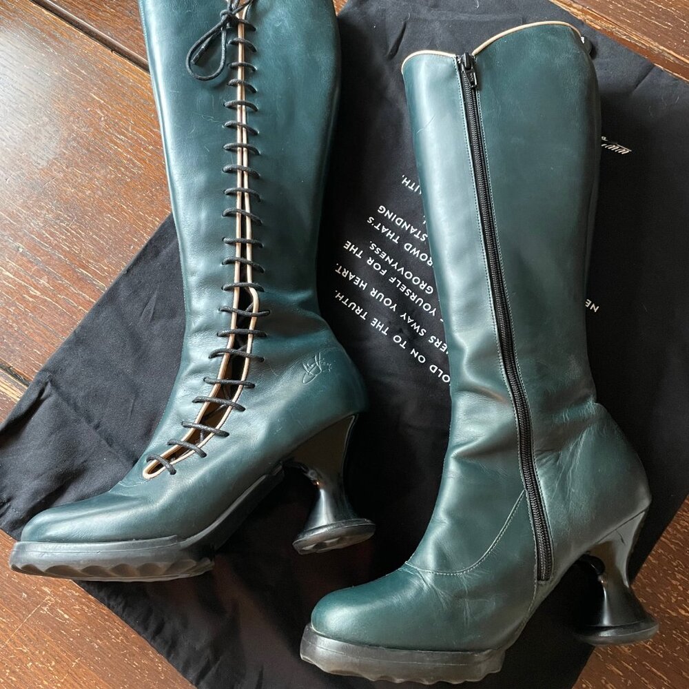 Fluevog Mini Sugar Knee High Lace Up Boot Size 6.5 Blue Leather Corset Goth RARE - Picture 3 of 16
